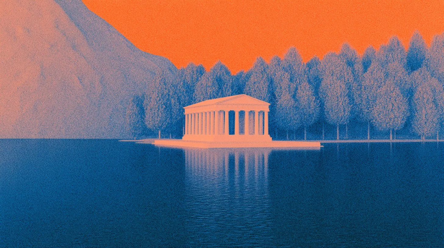 Coral and blue lakeside building with a long reflection