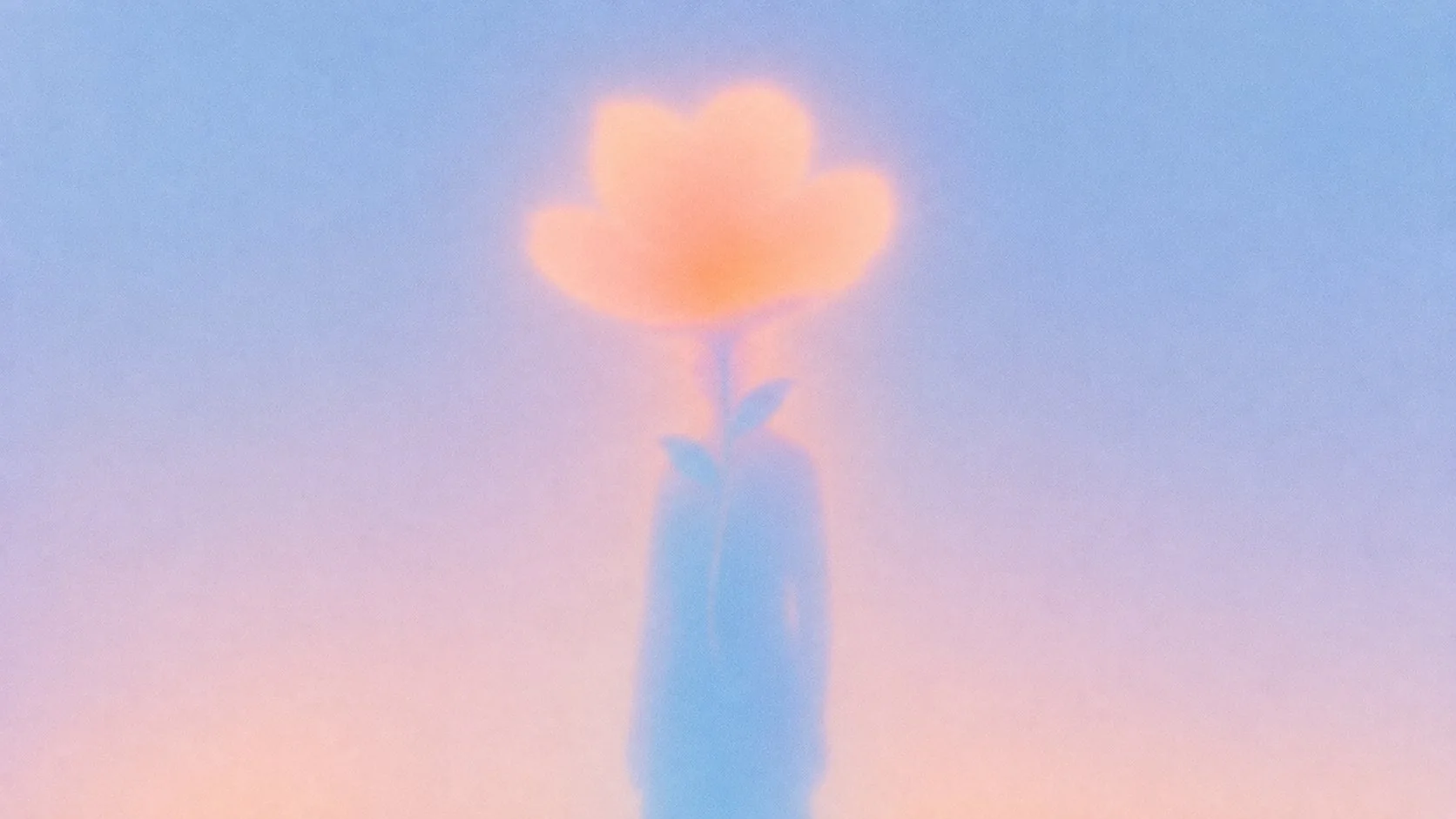 Soft blue figure with a glowing peach flower for a head