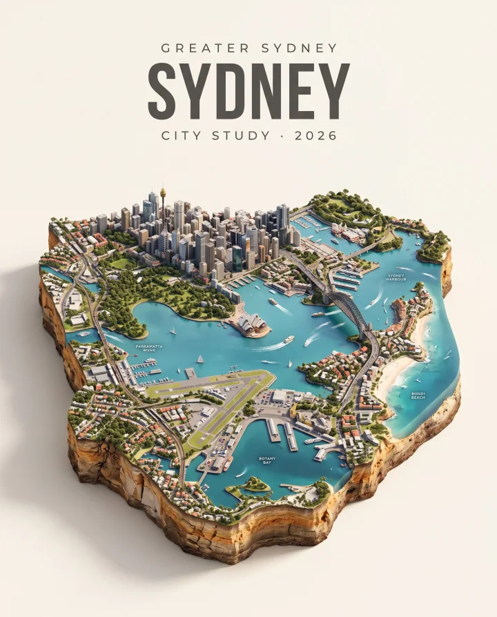 Isometric miniature city scene beside bright blue water