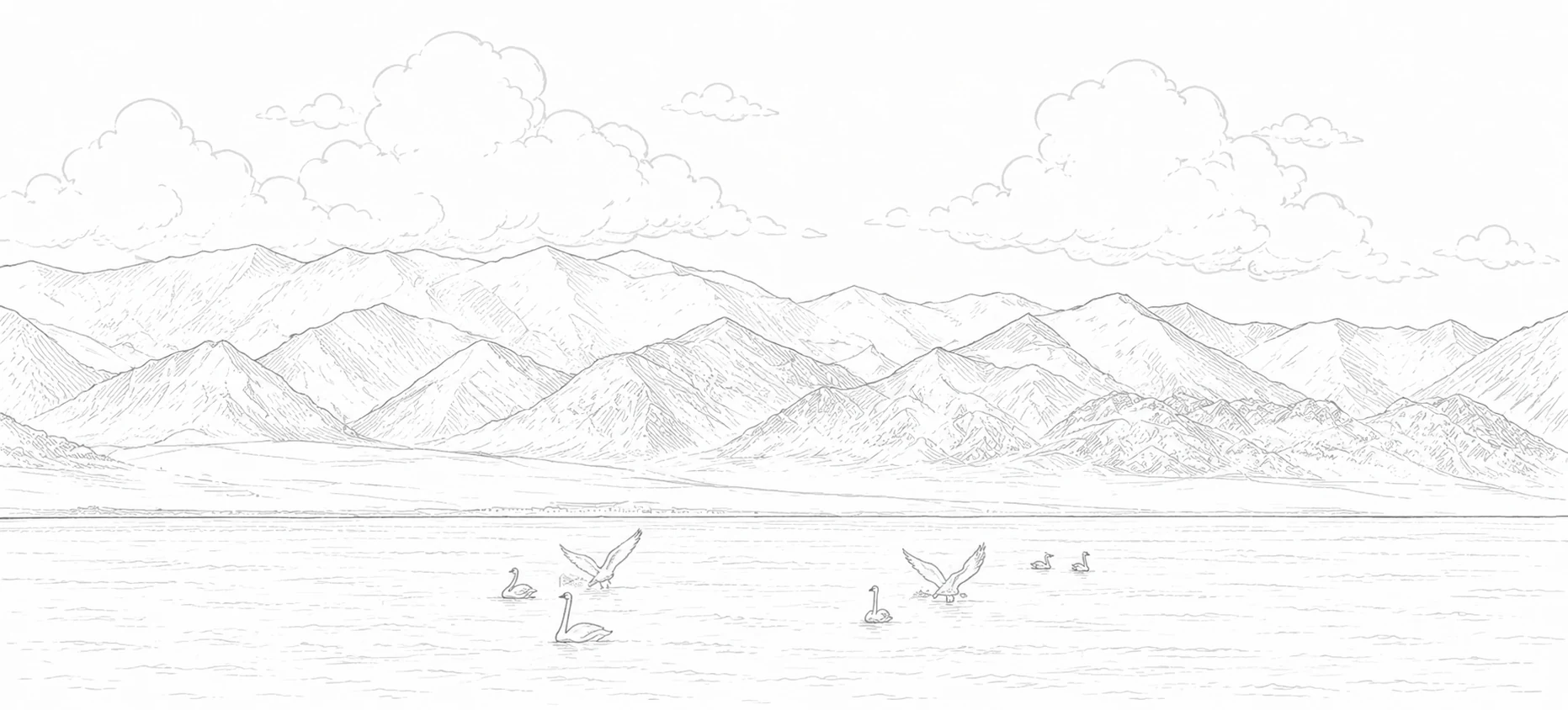 Fine line drawing of mountains, clouds, and birds across a lake