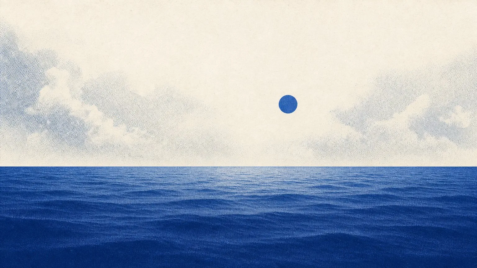 Minimal blue ocean scene with a small sun and halftone clouds