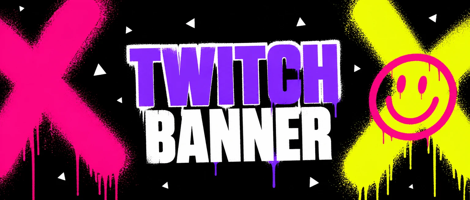 Bright neon Twitch banner with spray paint lettering and a smiley face