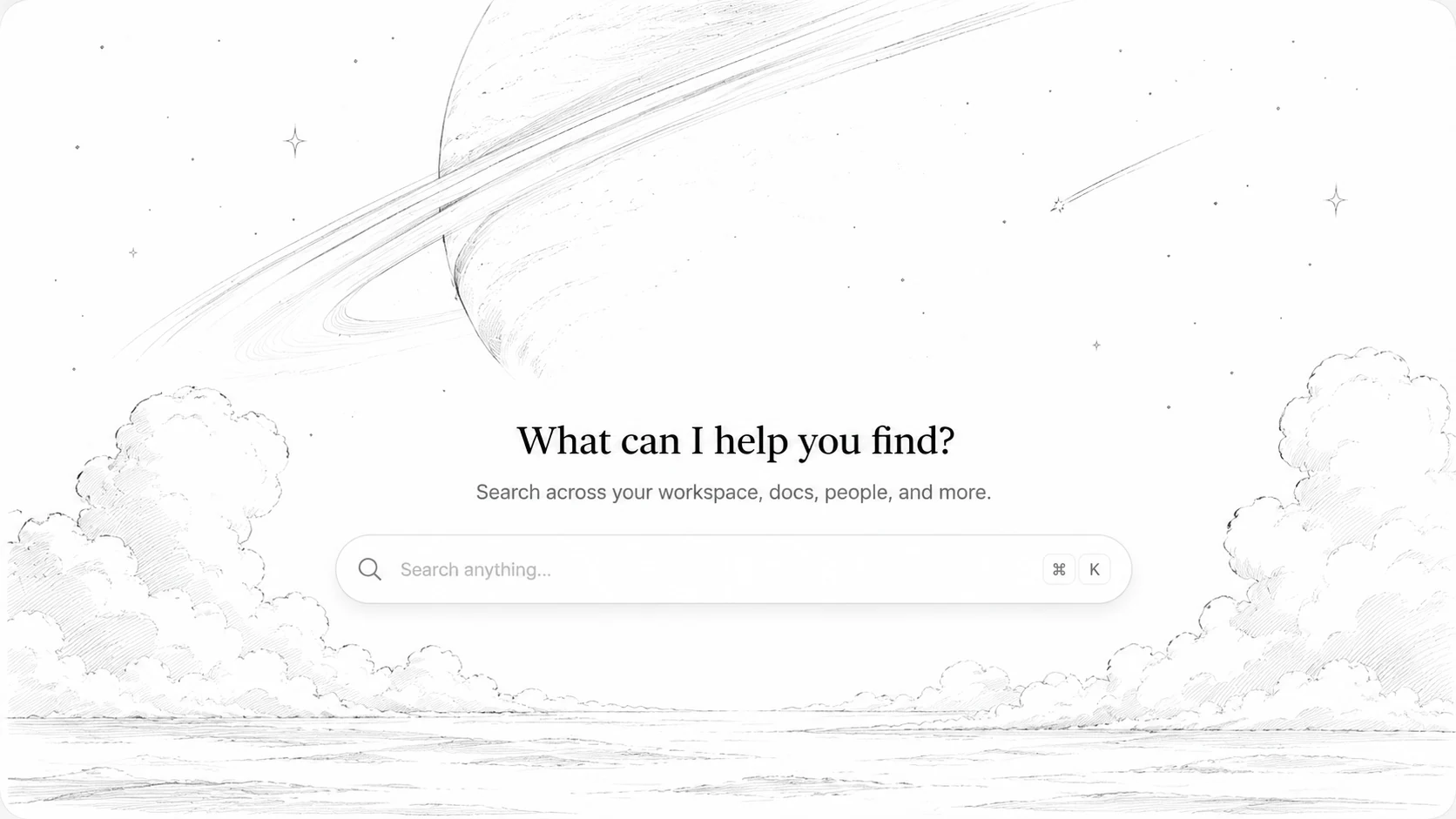 Workspace search interface surrounded by hand drawn clouds and a ringed planet